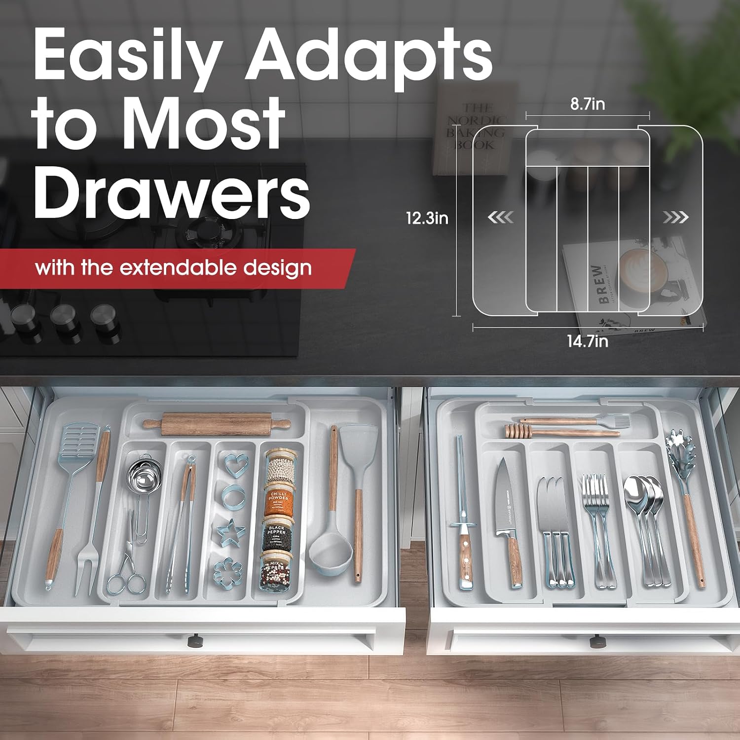 Thumbnail 1 de Aujen US506 Expandable Silverware Organizer, 7 Compartments, Light Grey