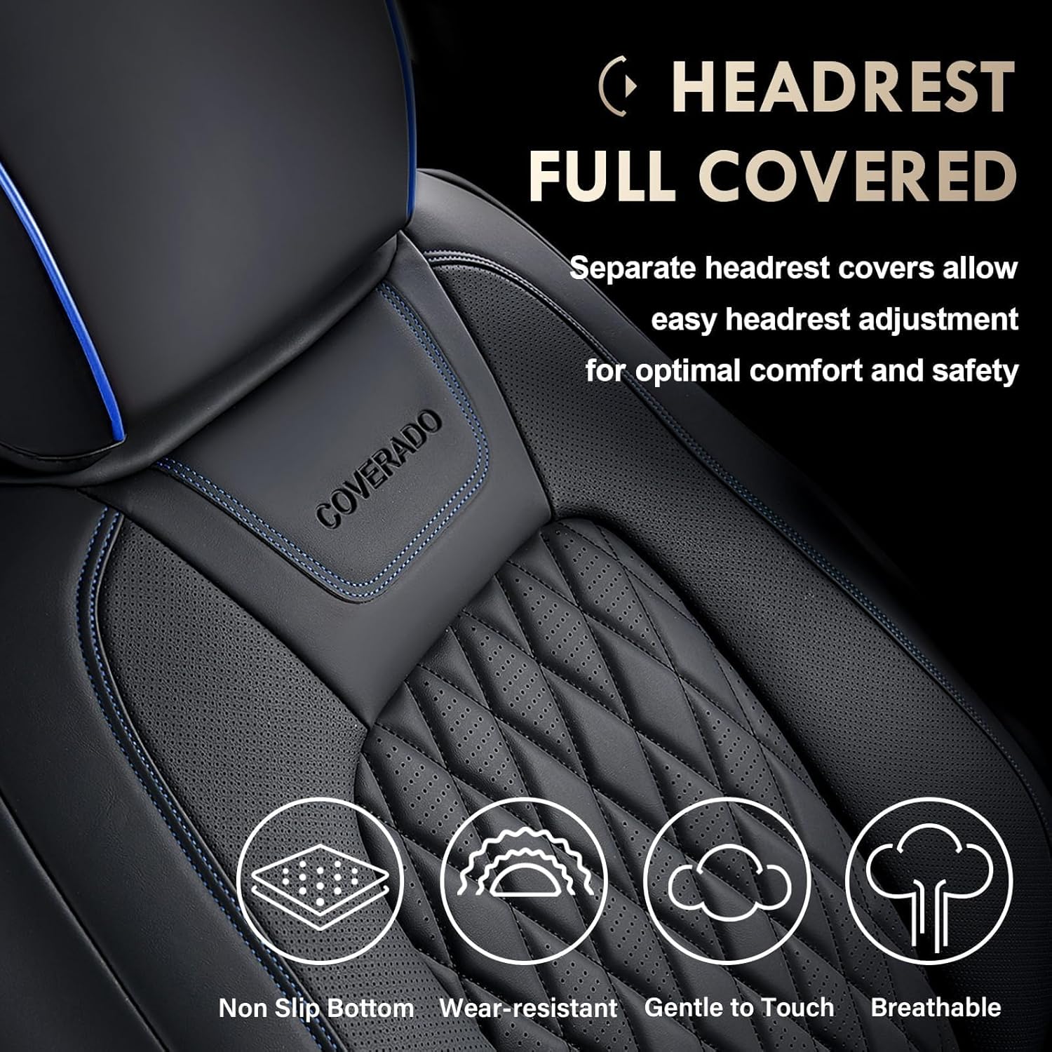 Thumbnail 6 de Coverado Leather Ford F-150 / F-250 / F-350 Seat Covers Full Set (Blue line) — Waterproof, Custom Fit for 2015-2026 Crew Cab