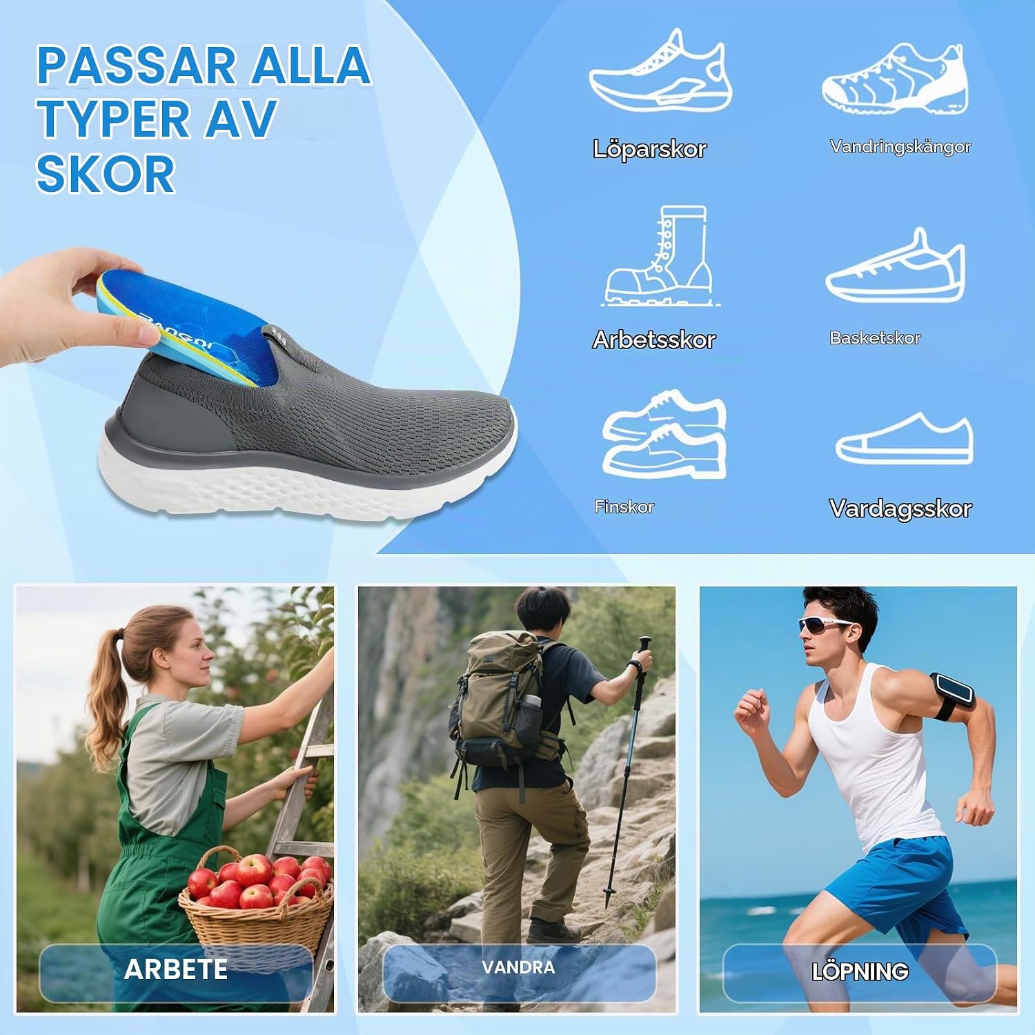 Thumbnail 3 de 3ANGNI ortopediska innersulor med fotvalvsstöd, PU-dämpning och U-formad häl