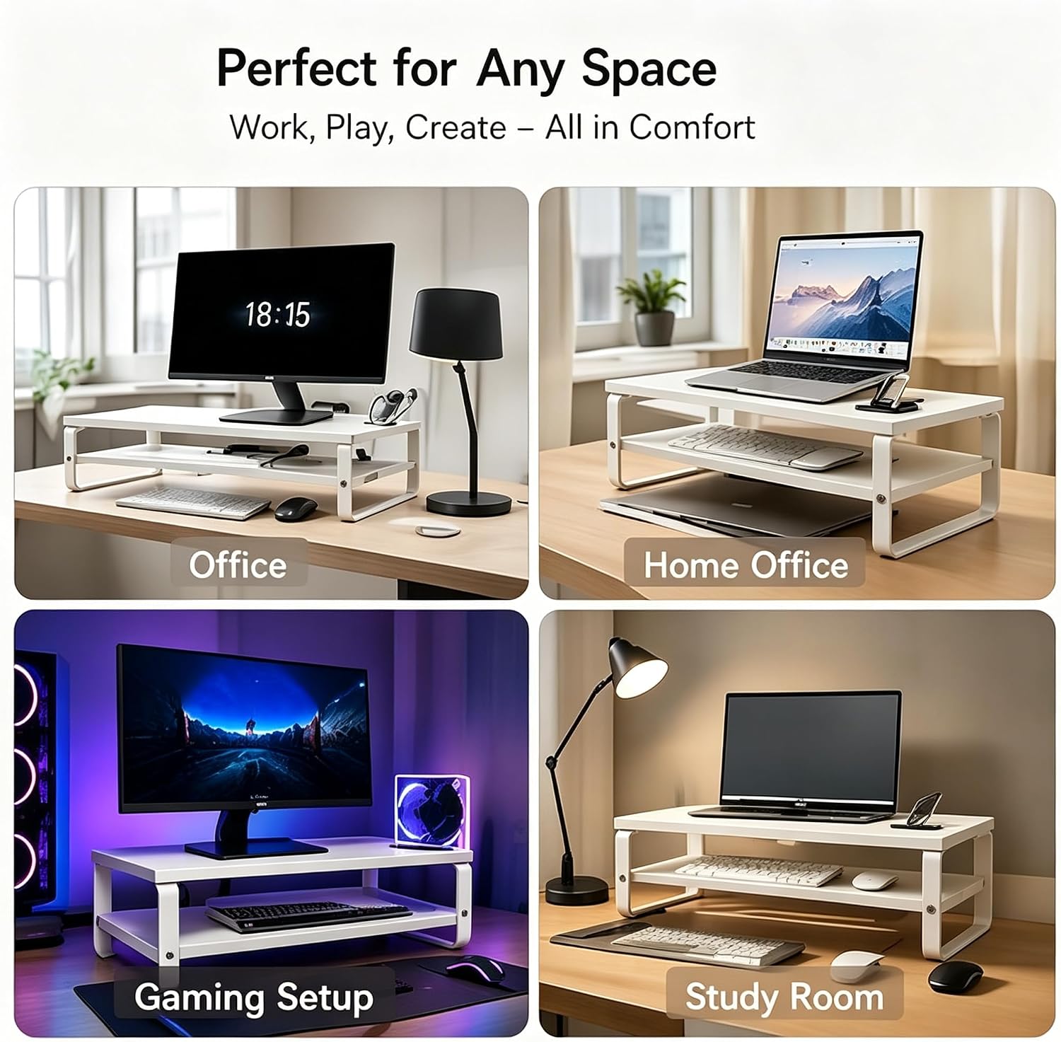 Detalle de DOMSHOCT Monitor Stand Riser with Phone Holder — 2 Tier Ergonomic Desk Accessory