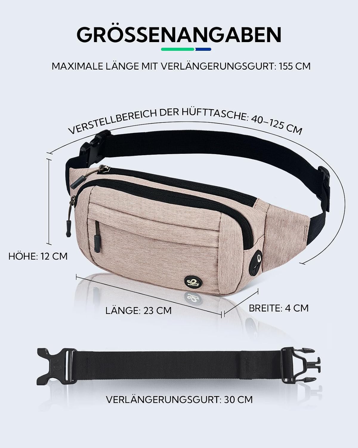 Detalle de WATERFLY Bauchtasche / Hüfttasche klein für Herren & Damen – Sport-Bum-Bag in Beige mit Verlängerungsgurt