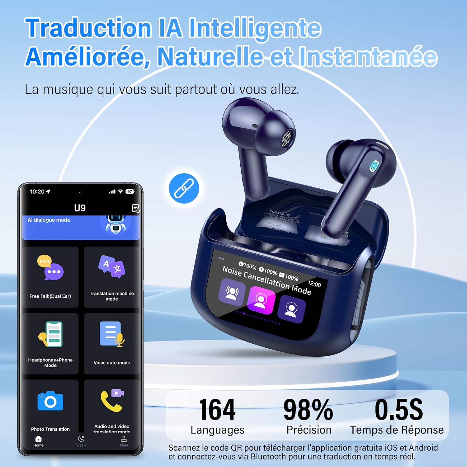 Thumbnail 1 de AI Écouteur Traducteur Instantané 164 langues avec ANC/ENC, écran tactile LED et autonomie jusqu’à 48 h