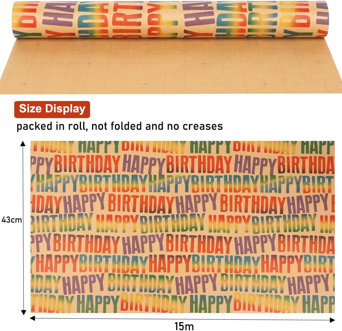 Detalle de Birthday Wrapping Paper Roll, 15m – Colourful Happy Birthday Kraft Gift Wrap