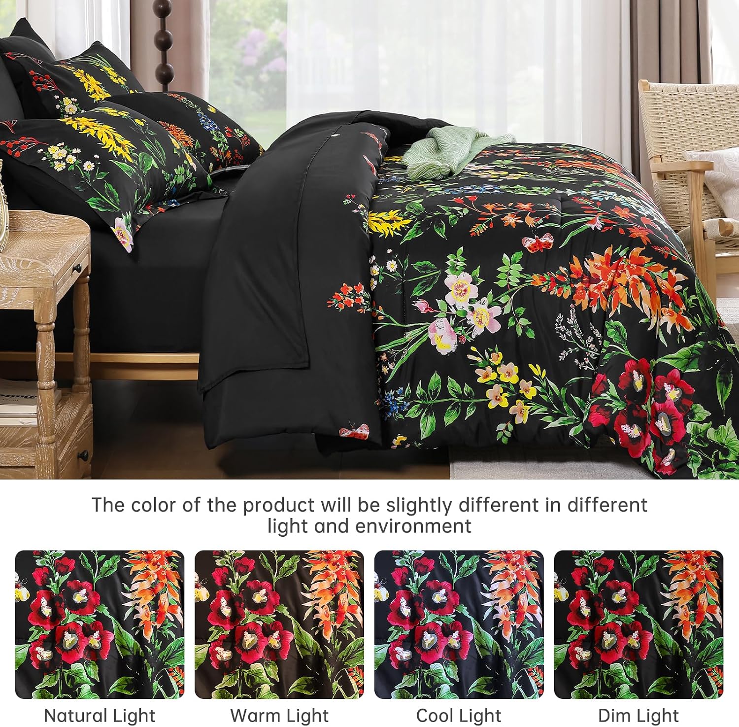 Detalle de WONGS BEDDING Floral Comforter Set Queen Size – 8-Piece Botanical Reversible Bedding