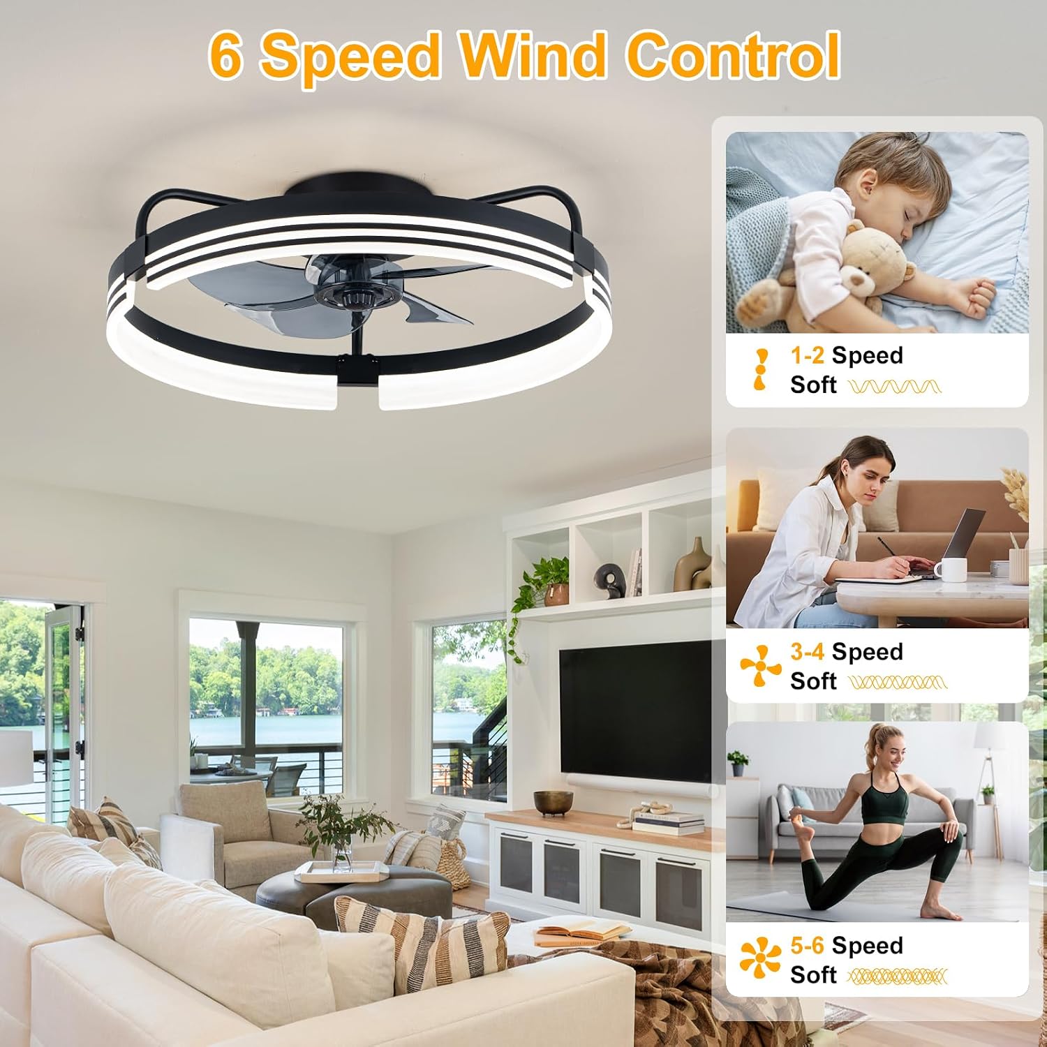 Detalle de LMiSQ 25434 20-Inch Flush-Mount Ceiling Fan with LED Light and Remote
