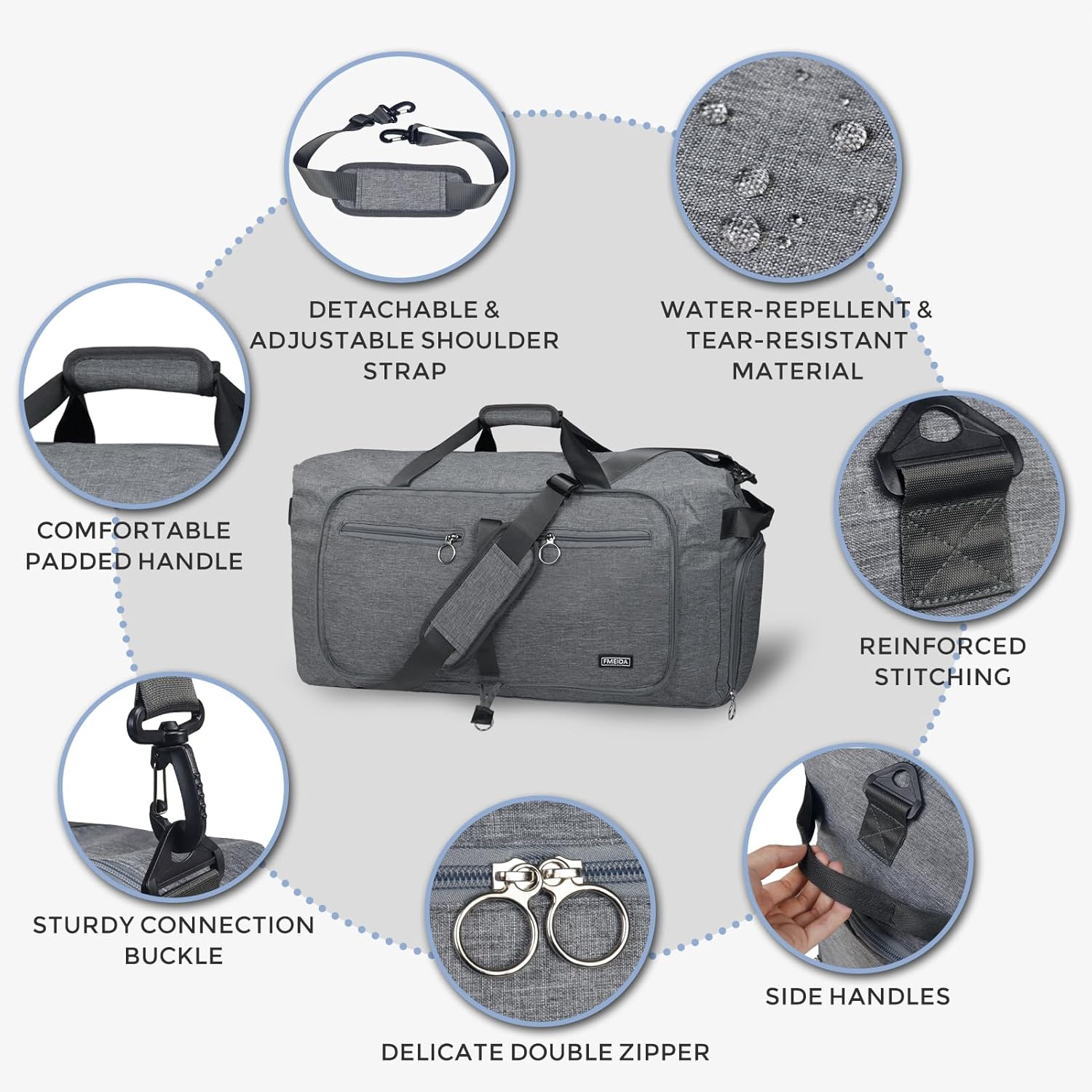 Thumbnail 5 de Fmeida Sporttasche / Reisetasche (faltbar) mit Schuhfach – kleine Weekender-Bag bis ca. 65 l, hellgrau