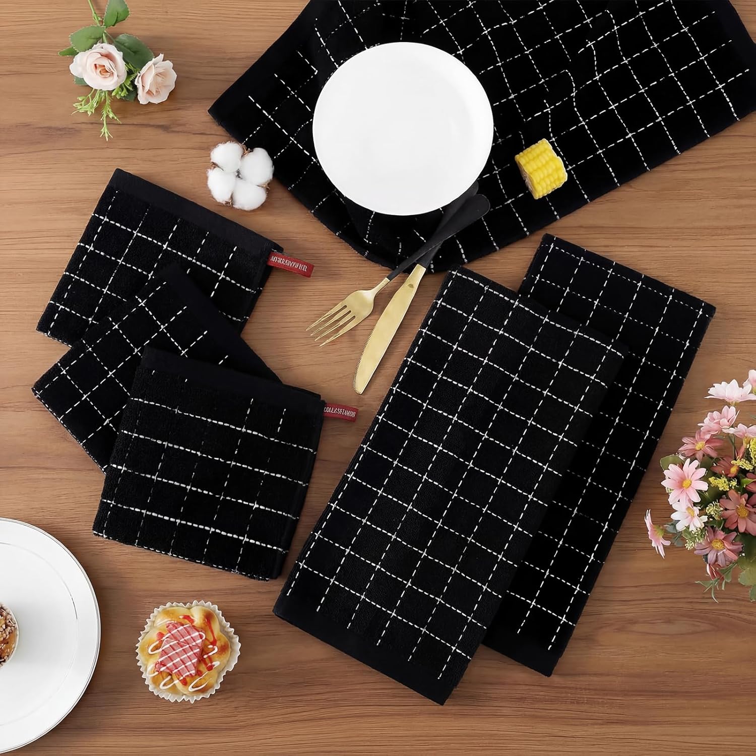 Detalle 2 de Homaxy Kitchen Towels and Dishcloths Set (8-Piece) — 100% Cotton Terry Towels, Checkered Design, Black