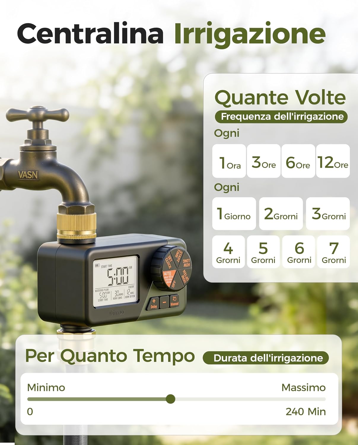 Detalle 2 de Diivoo Ottone Centralina Irrigazione IP66: Timer con Display LCD e Ritardo Pioggia
