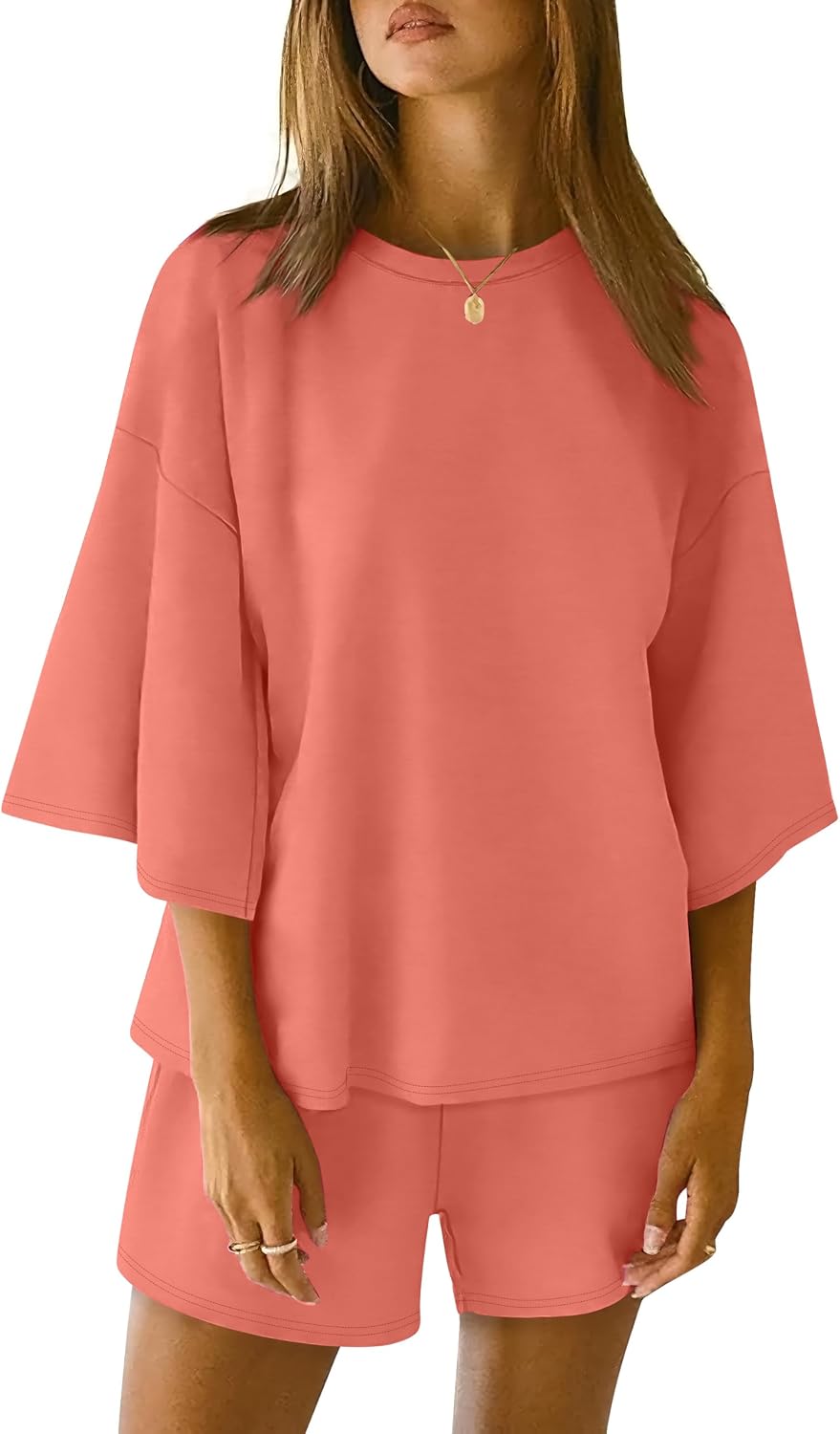 Detalle 2 de Sampeel Women’s 2-Piece Lounge Set with 3/4 Sleeve Oversized Top and Drawstring Shorts