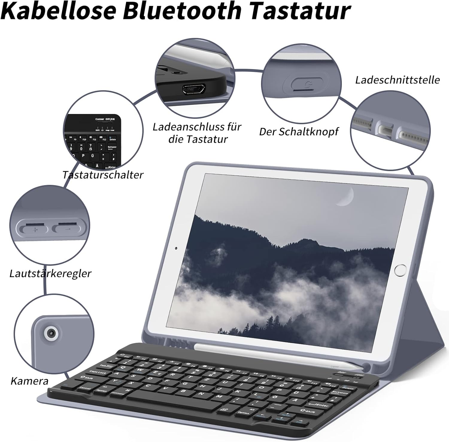 Thumbnail 2 de aoub Hülle mit Tastatur für iPad 9./8./7. Generation 10,2 Zoll – Kabellose QWERTZ Tastaturhülle mit Stifthalter in Violett