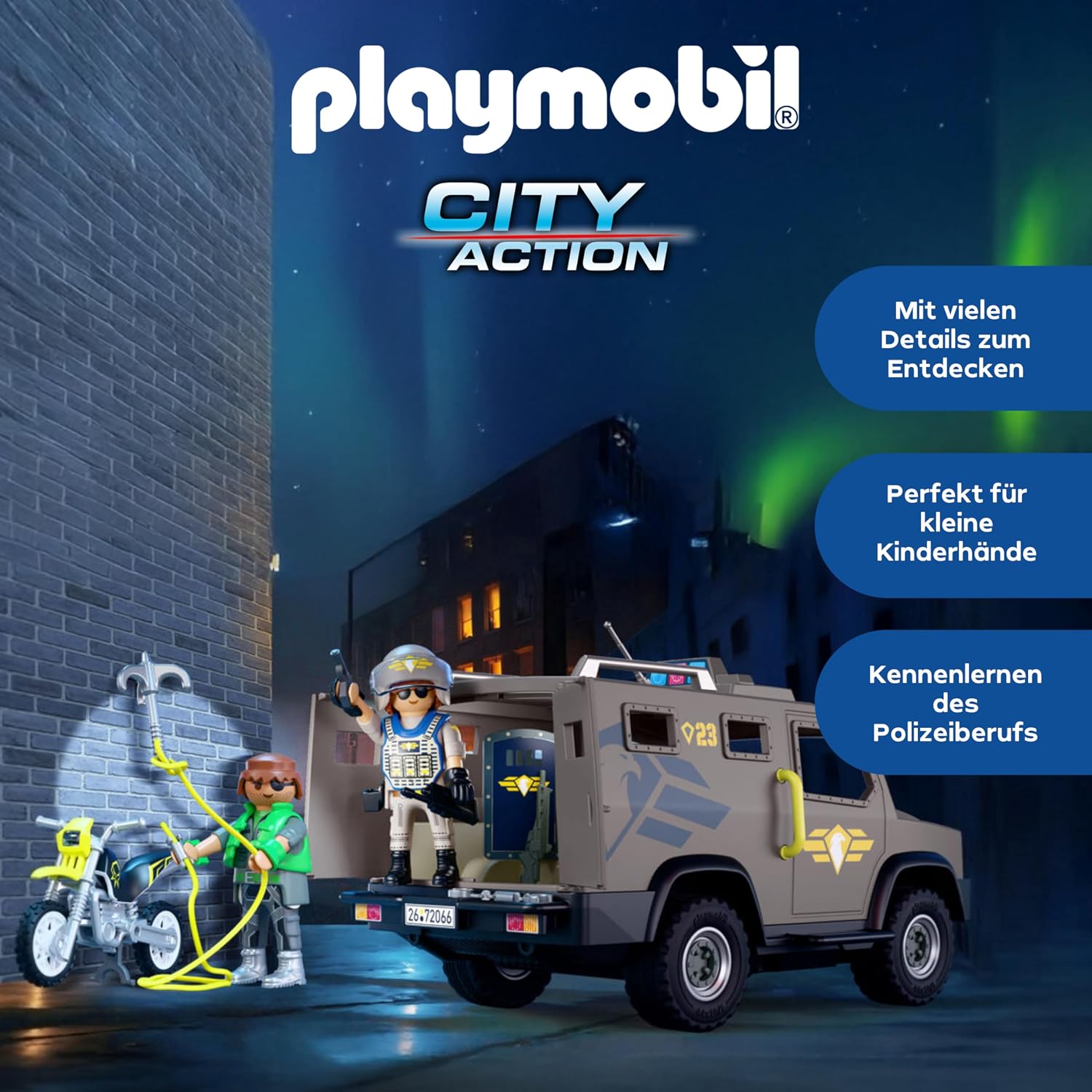 Thumbnail 2 de PLAYMOBIL City Action SWAT-Einsatzfahrzeug – Mit Polizist, Verbrecher-Motorrad und Nagelband (72066)