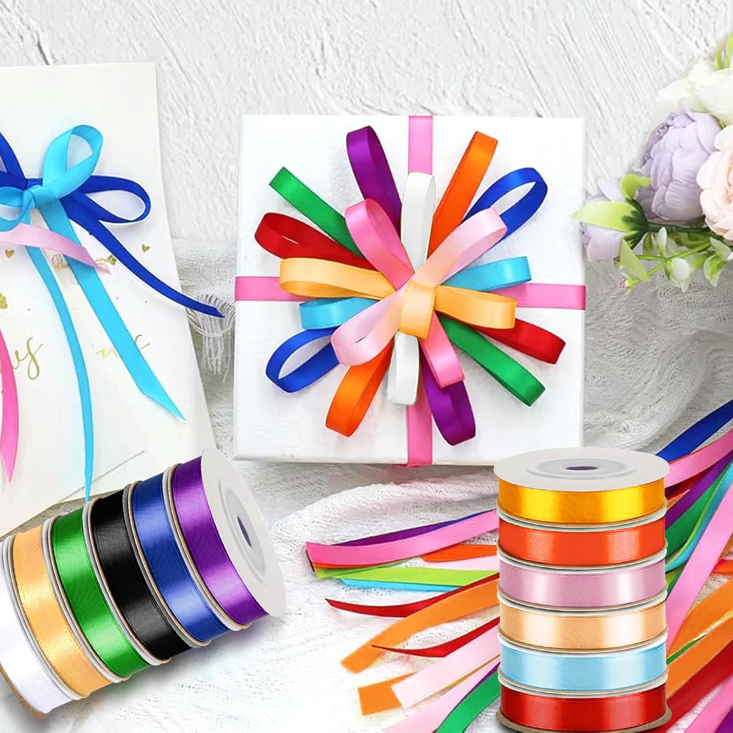 Detalle 2 de 12 Colours Rainbow Satin Ribbon – 10mm x 9m Each (Total 108m) – Double-Faced, Durable Gift Wrap Ribbon