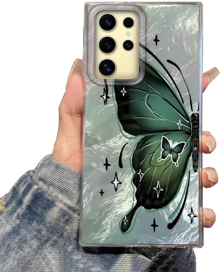 Detalle de Tedyhulle Hülle für Samsung Galaxy S25 Ultra – Weiches TPU-Rahmen, harte PC-Rückseite, Schmetterling Motive