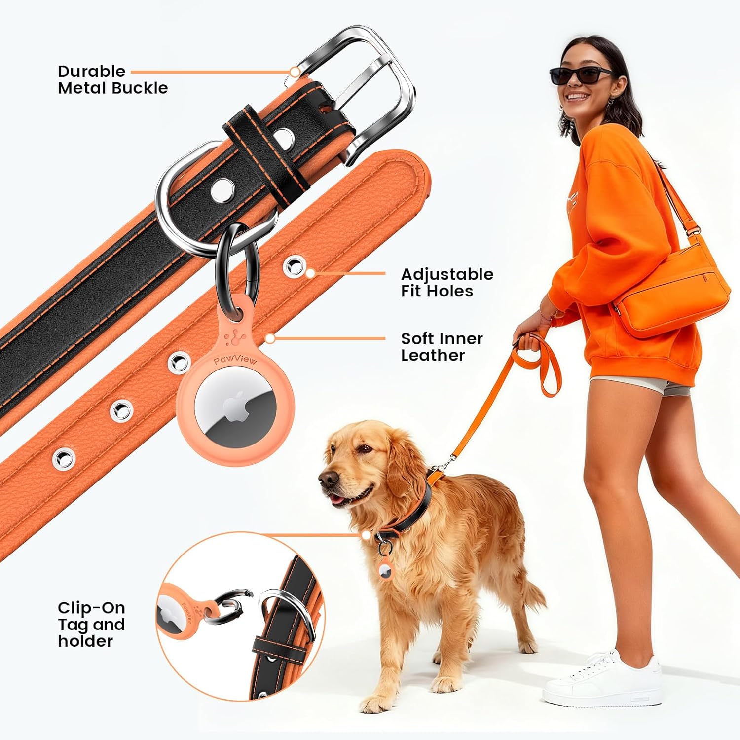 Thumbnail 3 de PawView leather dog collar with AirTag holder (QR code) – adjustable breathable PU lining in orange (medium)
