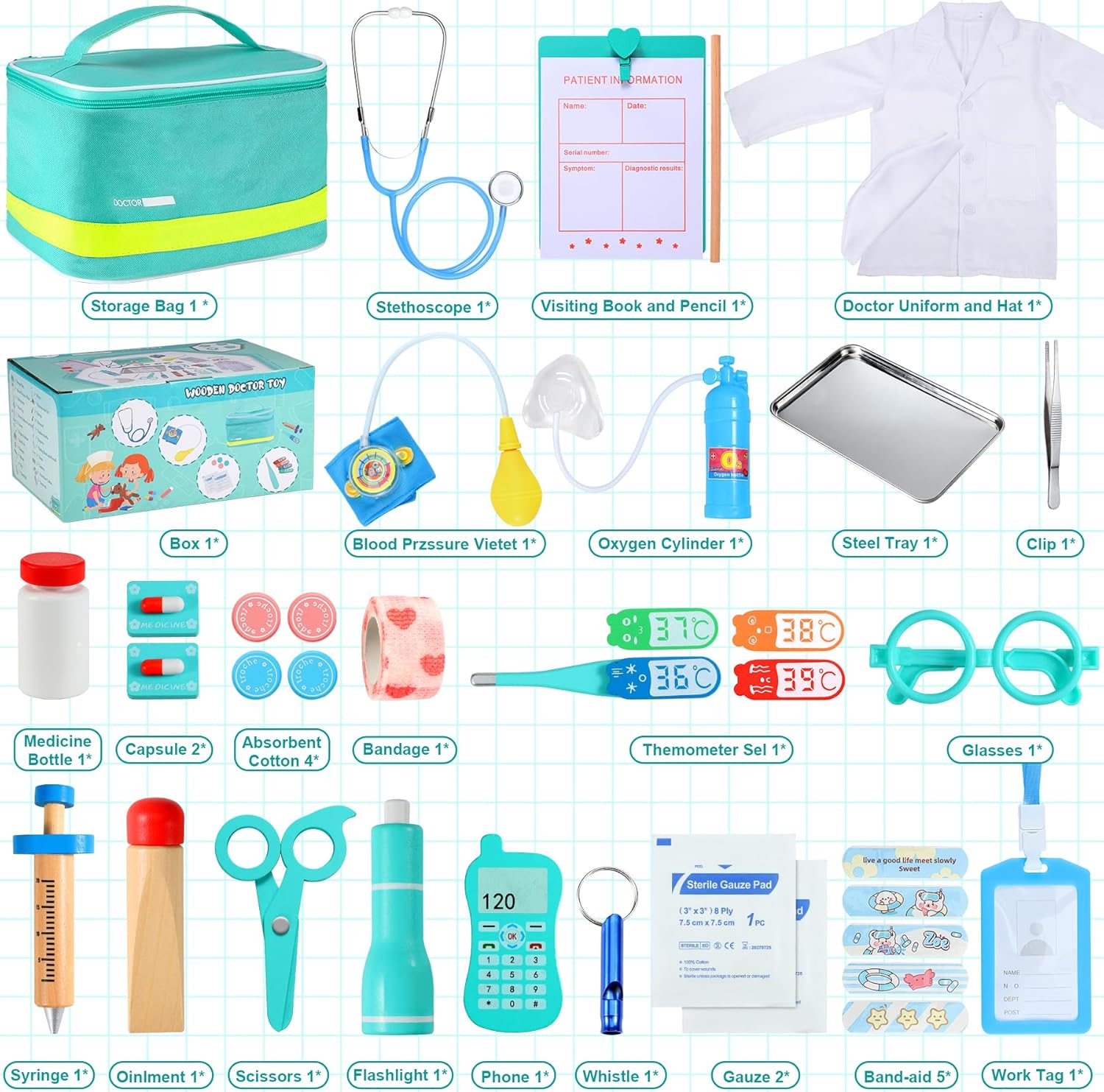 Detalle 2 de Perbabe Mallette Docteur en Bois avec Véritable Stéthoscope et Kit Médical Complet – 32 Pièces pour Enfants 3–6 ans