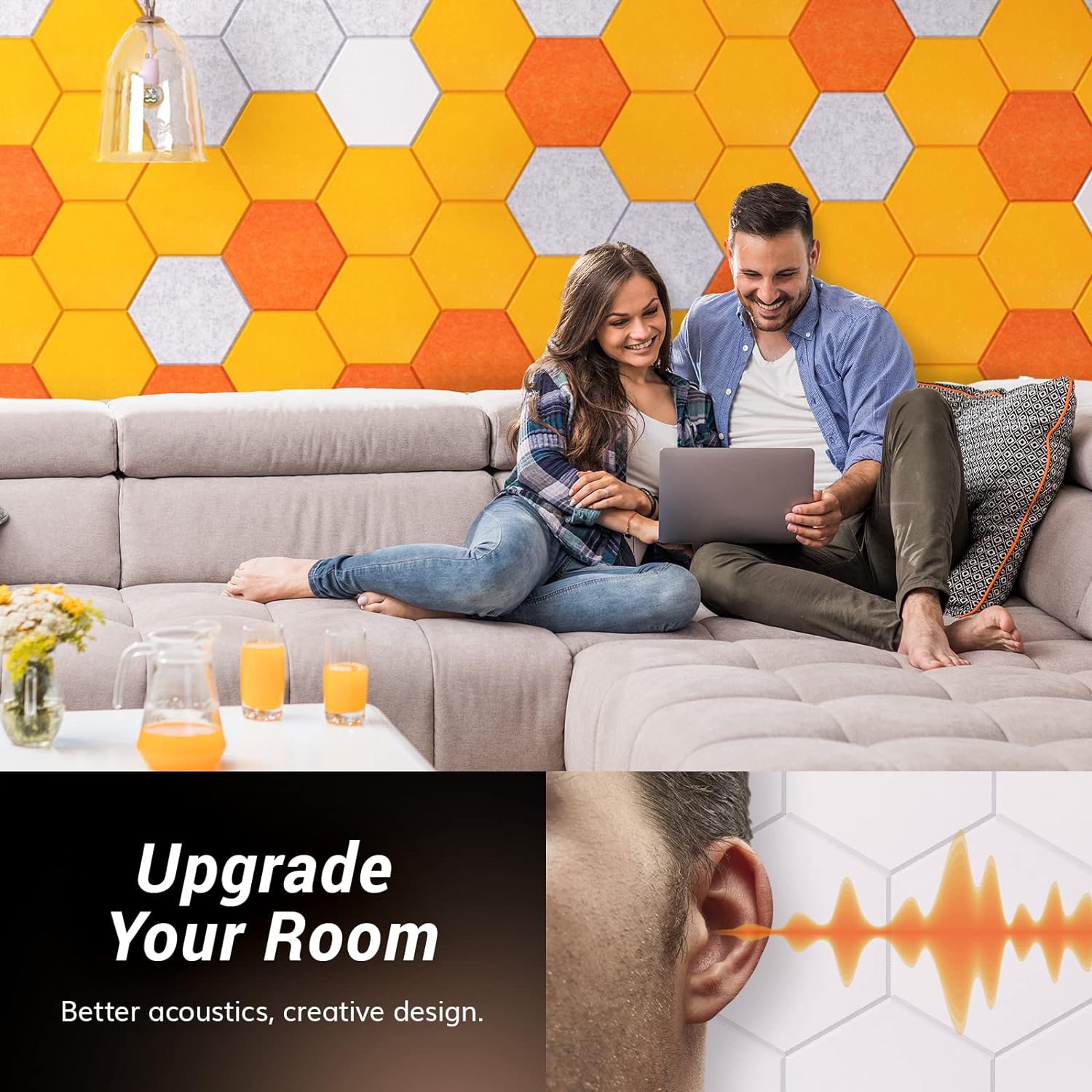Detalle 2 de TONOR 22163 Hexagon Acoustic Panels, 18-Pack, White Polyester, Self-Adhesive