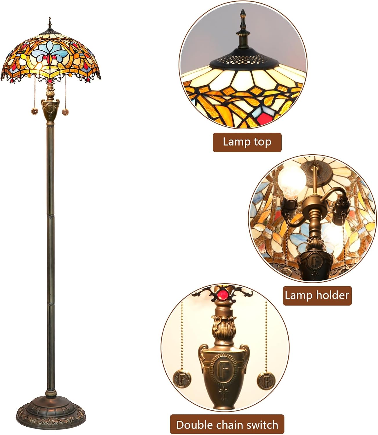 Detalle de Blivuself Tiffany Stehlampe – Buntglas, Vintage Bronze, E27 Doppel-Lichtquelle