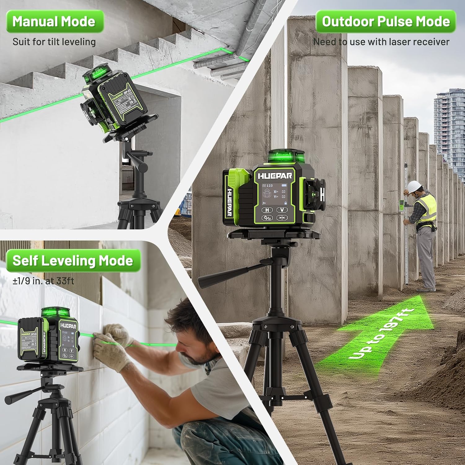 Detalle 2 de Huepar W03CG New Construction 3D 3x360 Green Laser Level (Bluetooth, Electric 360° Base & Large LCD)