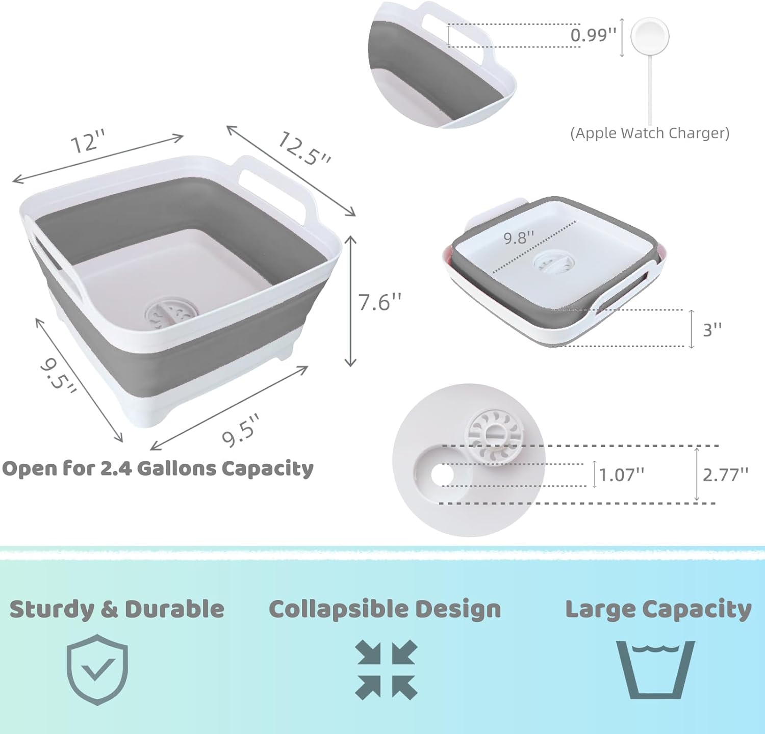 Detalle de GIMWA Collapsible Wash Basin with Drain Plug — 2.4 Gallon Foldable Sink (Gray)