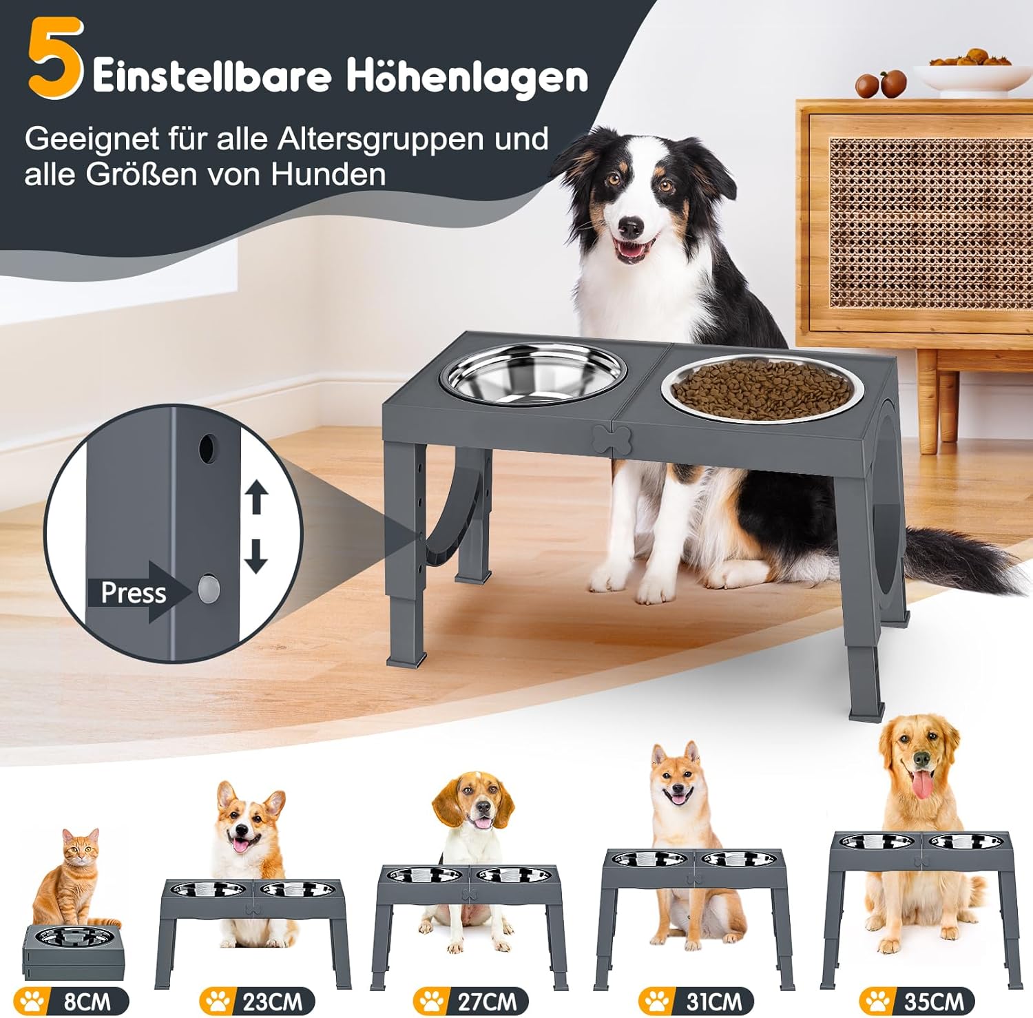 Thumbnail 1 de X XBEN Ciotole Rialzate per Cani: 5 altezze, 2 ciotole inox da 1,5 L, pieghevoli e antiscivolo
