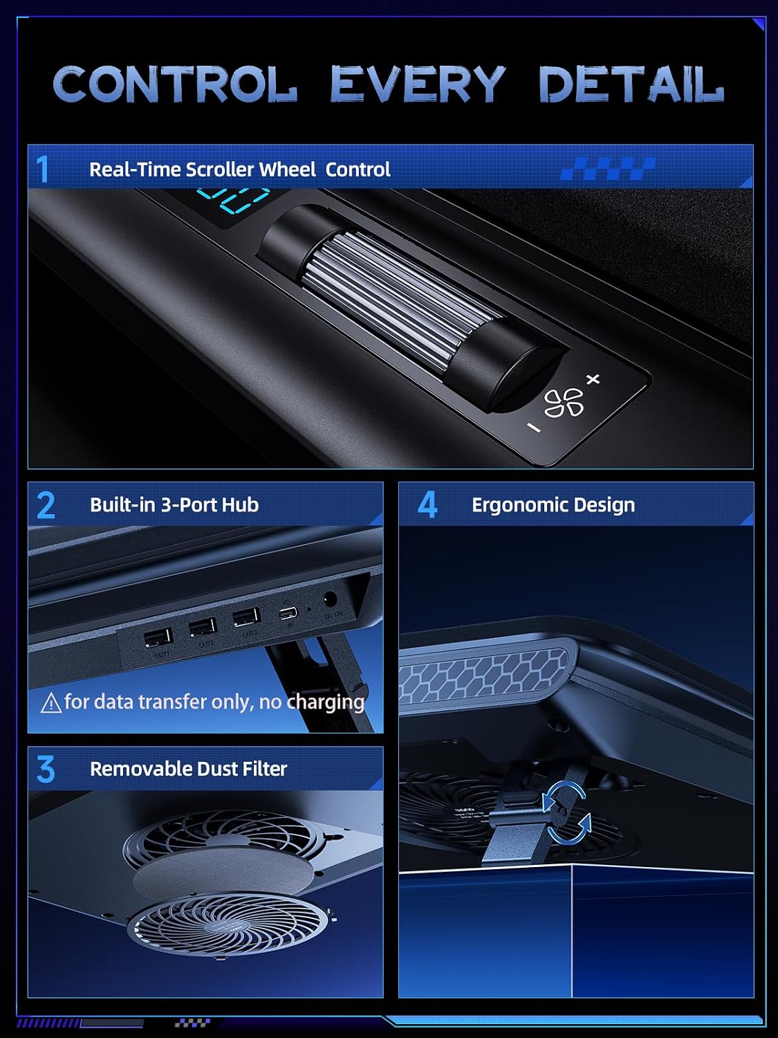 Detalle de llano V12 Laptop Cooling Pad with 5.5-Inch Turbofan, Touch Controls and 3-Port Hub