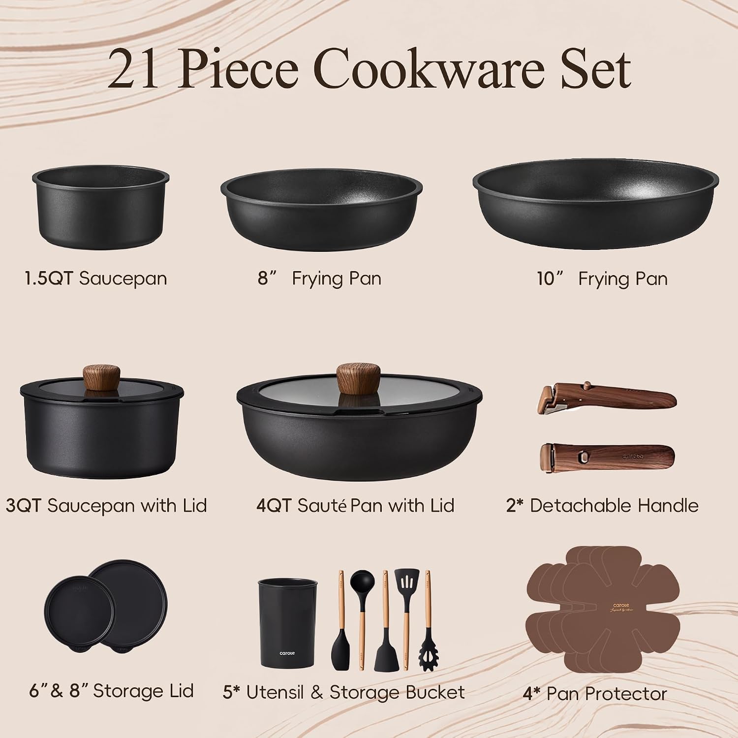 Thumbnail 1 de CAROTE 21-Piece Ceramic Cookware Set: Nonstick, Detachable Handle, Induction Ready