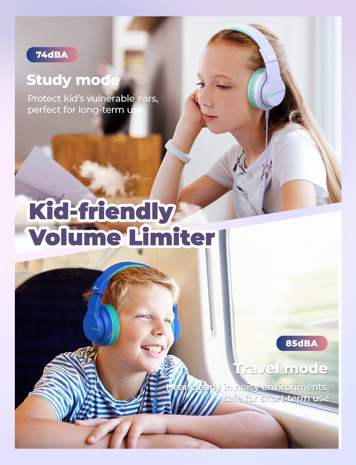 Detalle de iClever Kids Headphones for School or Travel (2 Pack) – Safe 85dB Volume, 40mm Drivers, Foldable Wired Headphones with Mic