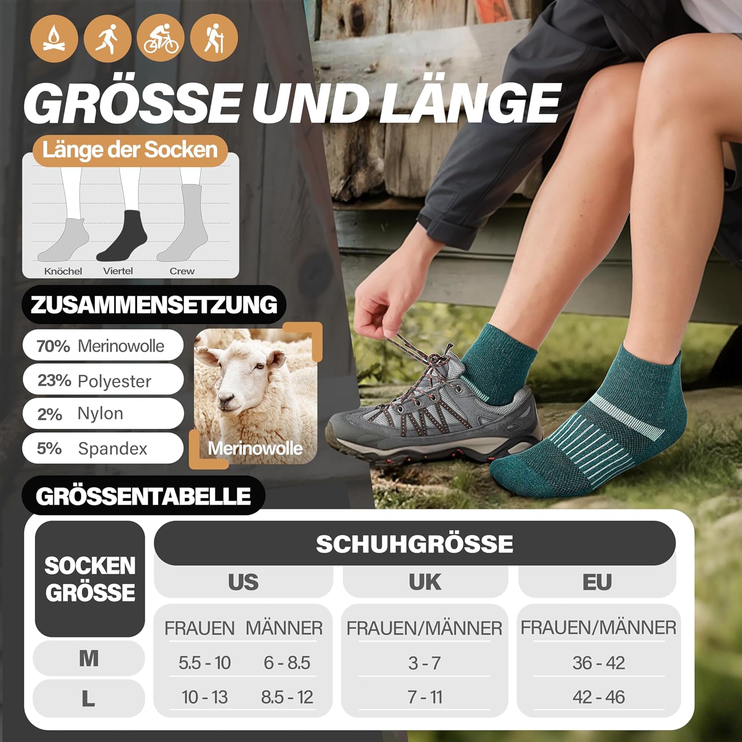 Thumbnail 4 de MOSEY KOSY Merino Kurz Viertellänge Wandersocken – 6 Paar Thermo-Sneaker-Socken für Herren & Damen