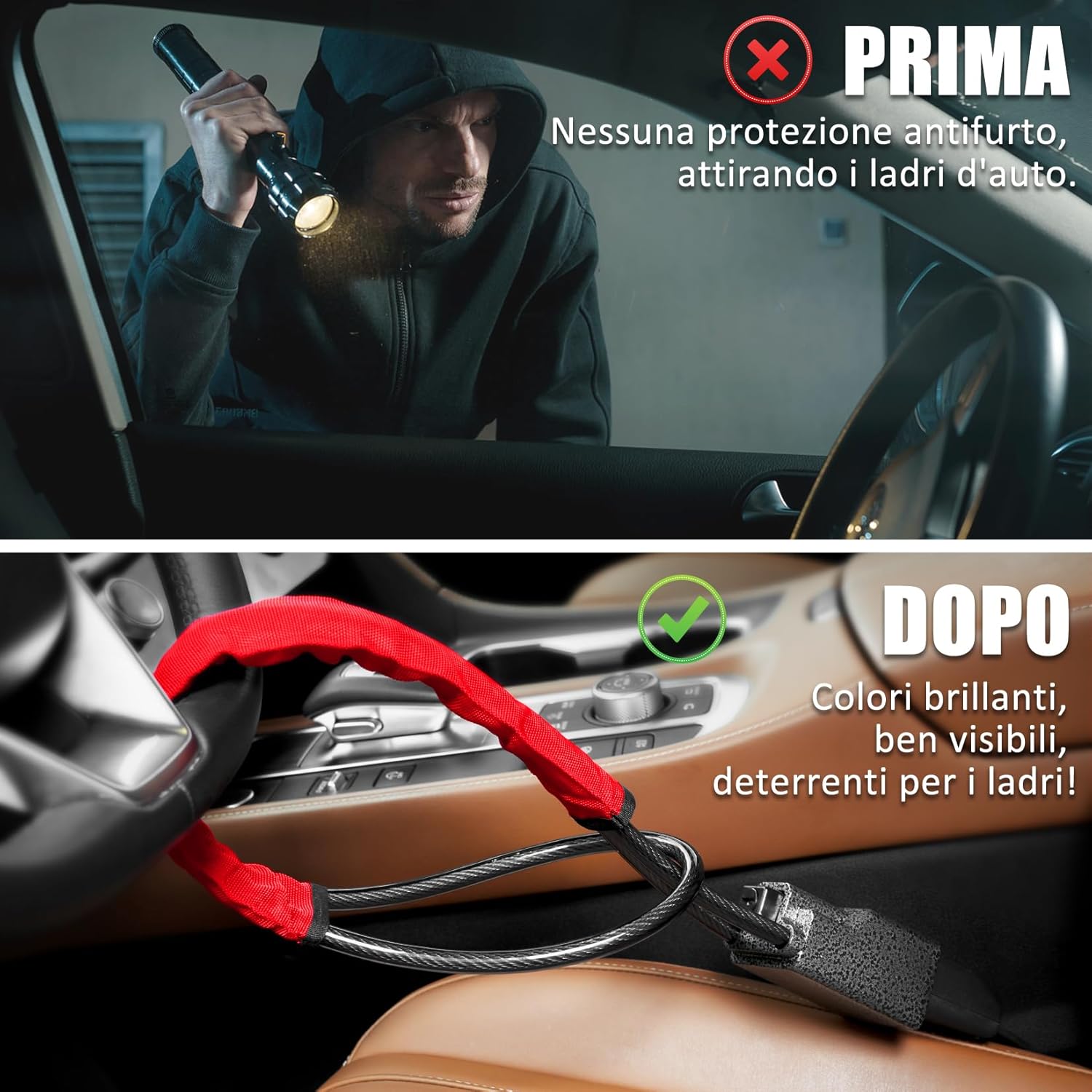 Detalle de Tevlaphee Bloccasterzo per auto con testa in metallo, antifurto visibile e 3 chiavi (rosso)