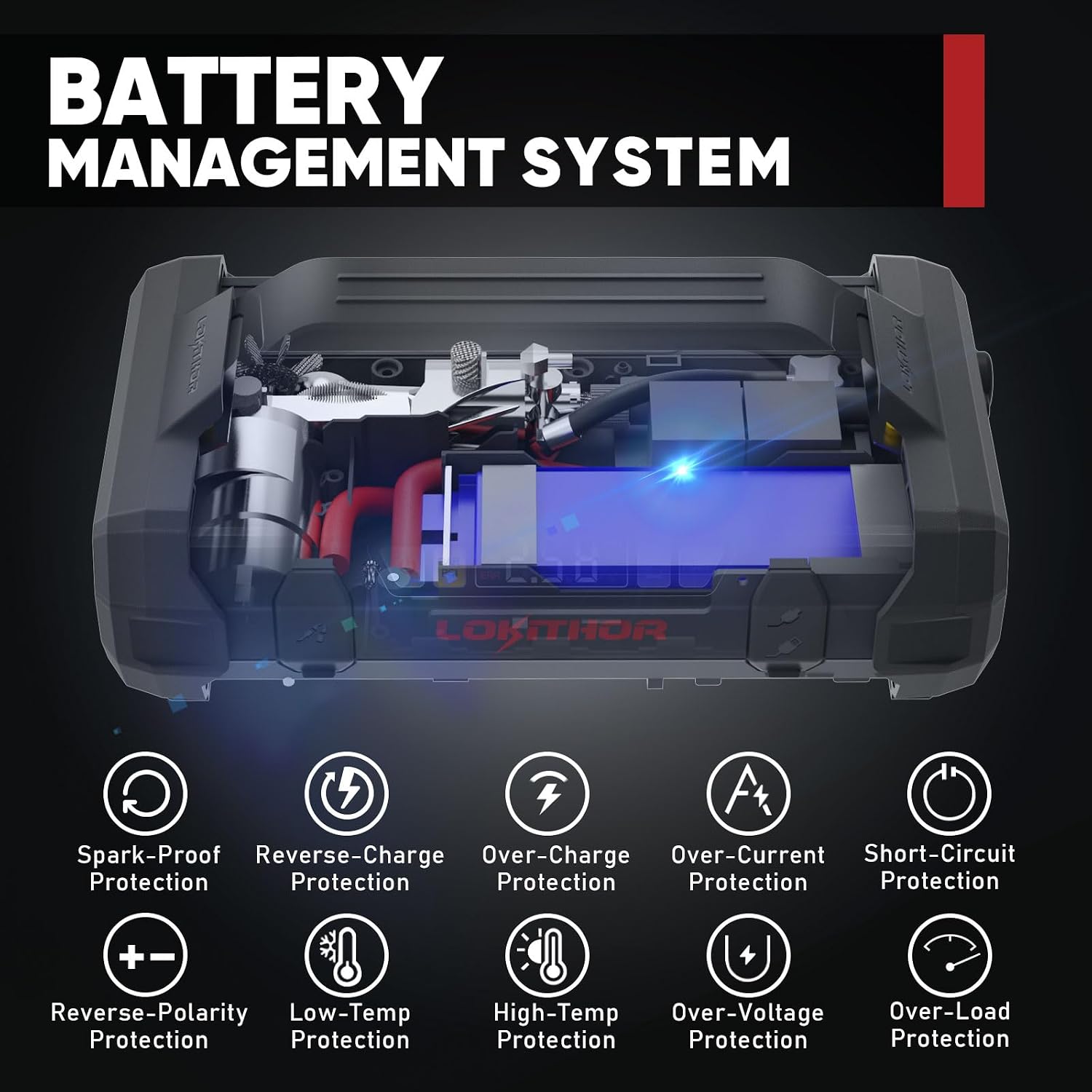 Detalle de LOKITHOR JA300 : booster 1500A avec compresseur 150 PSI et batterie 12 V externe