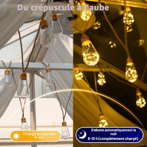 Detalle 2 de Ollny Guirlande Lumineuse Extérieure Solaire 8 m - 16 Ampoules S17, corde en chanvre