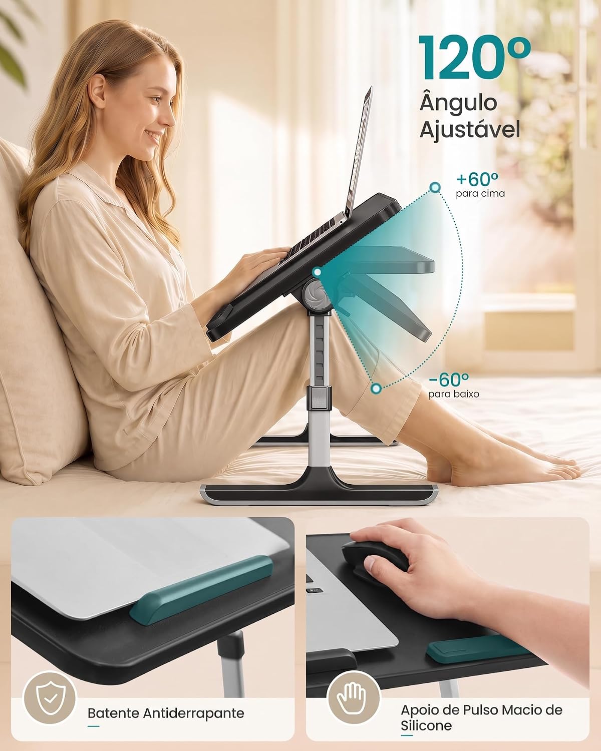 Detalle de SONGMICS ULLD117B101 Adjustable Bed Desk, 6 Heights, 120° Tilt