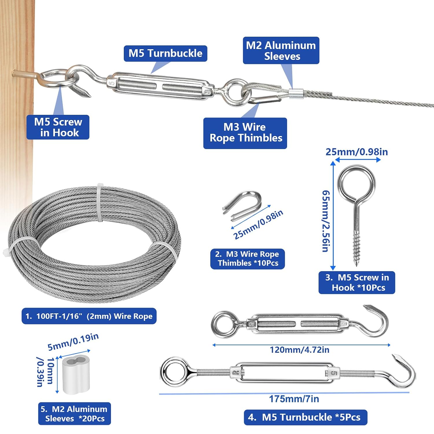 Detalle de TooTaci 30M Garden Wire Kit for Climbing Plants with M5 Turnbuckles (304 Stainless Steel, PVC-Coated)