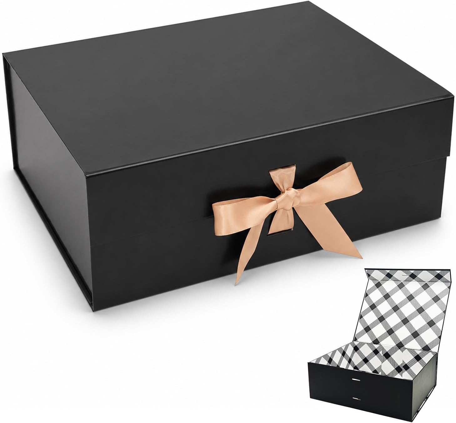 Detalle de Tekhoho Black Large Gift Box 33.5x27x12.5 cm – Premium Magnetic Lid Gift Box with Plaid Lining