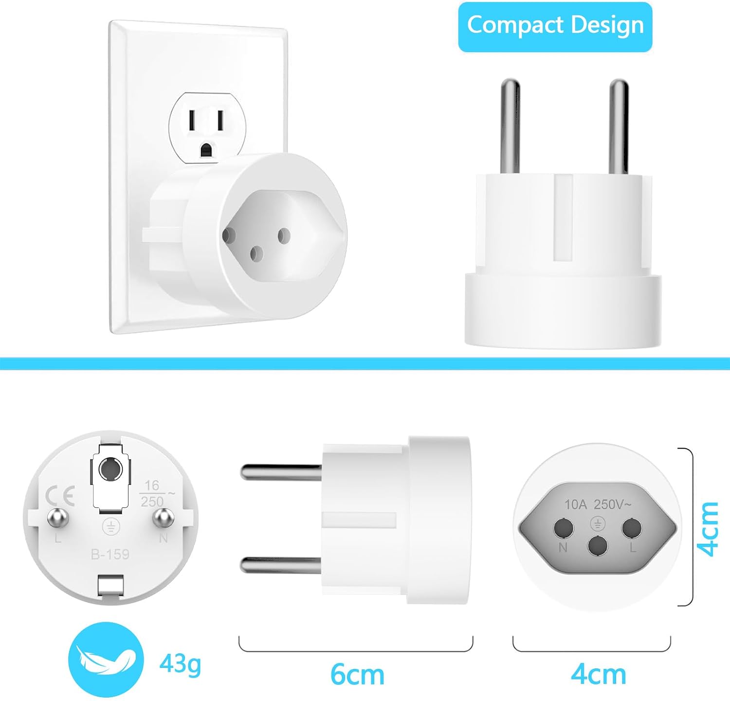 Thumbnail 2 de 3er Set Reiseadapter Schweiz auf Deutschland/Frankreich (Typ J zu Schuko, EU) – für Steckdosenadapter, weiß