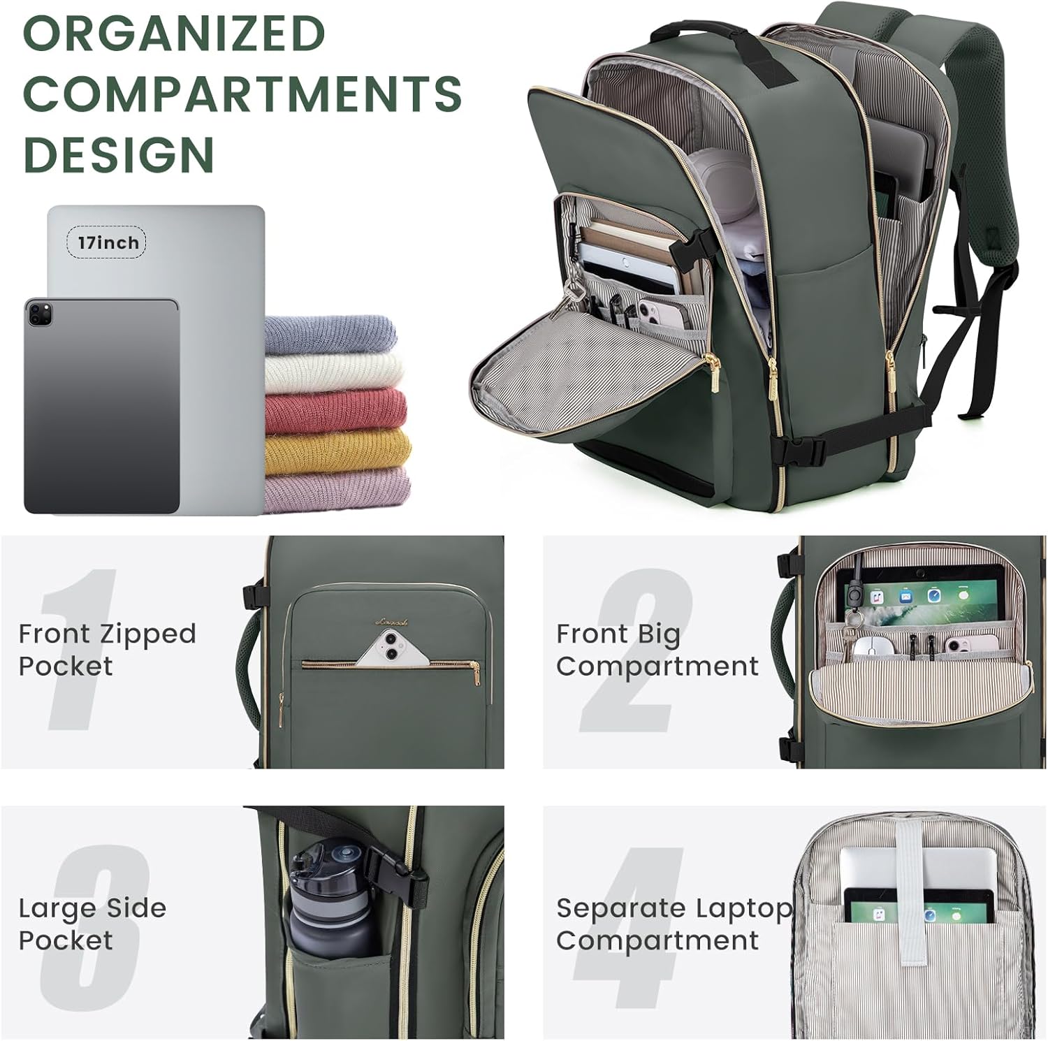 Detalle 2 de LOVEVOOK Handgepäck-Rucksack Flugzeug 40L mit Laptopfach bis 17,3 Zoll