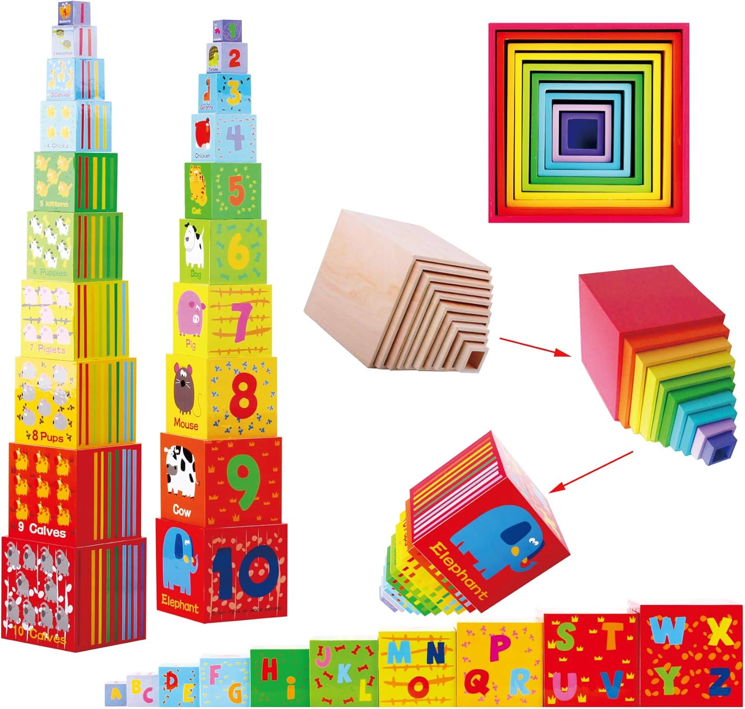 Detalle de TOWO Wooden Stacking Boxes – Nesting Cups, Alphabet & Animal Blocks for Toddlers