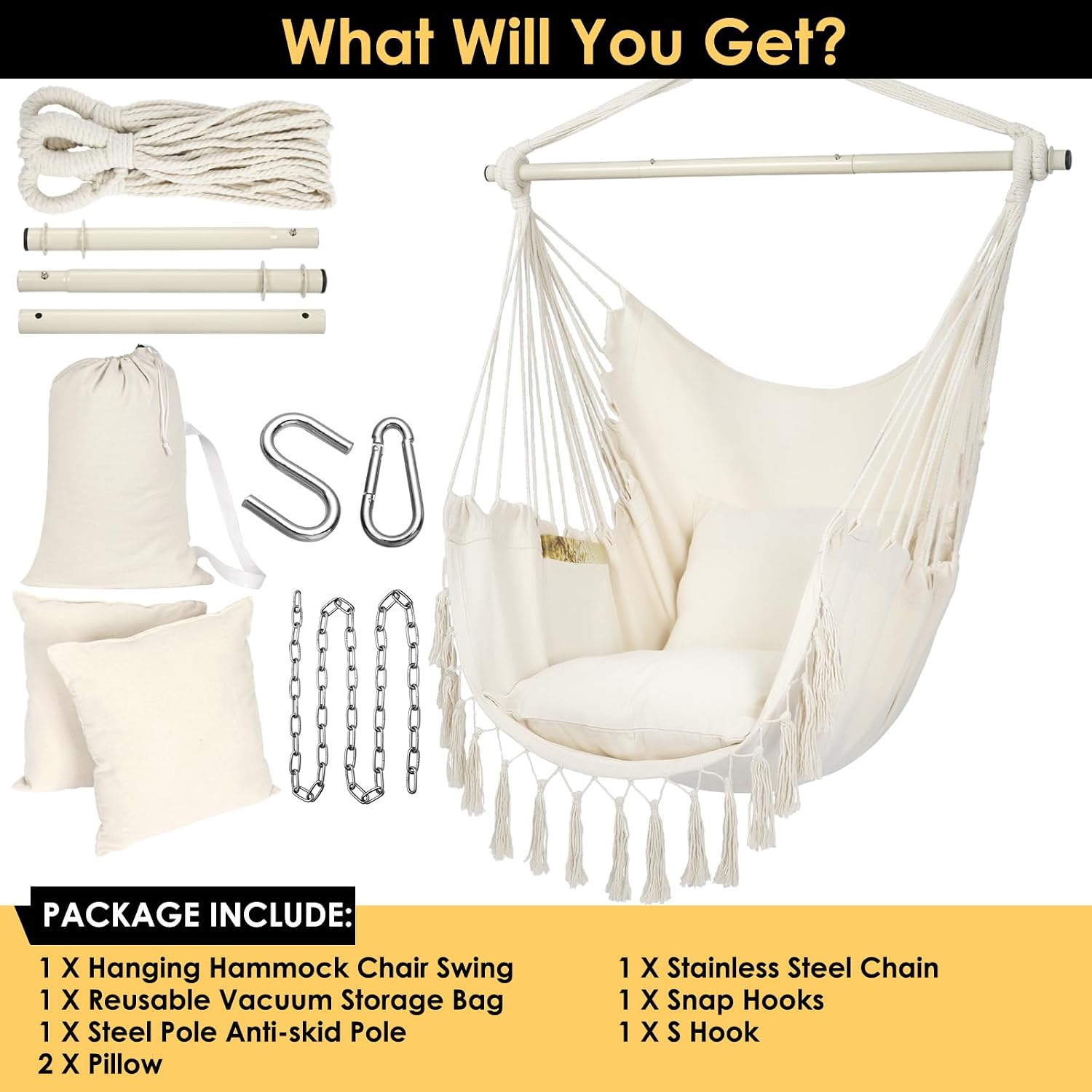 Thumbnail 6 de Y- STOP YS0003 Hammock Chair Swing with Two Cushions, Pocket, 500 lb Capacity