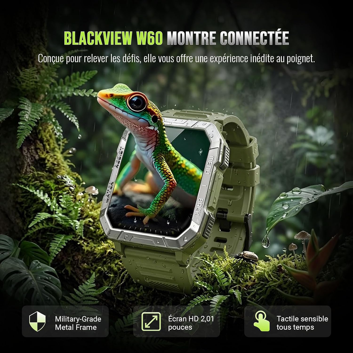 Detalle 2 de Blackview Montre Connectée Homme Militaire avec Torche LED SOS, Boussole et 100 Jours d’Autonomie