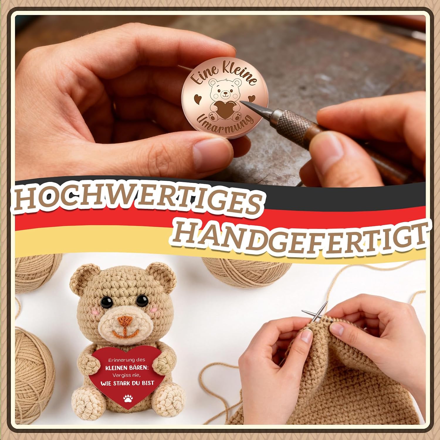 Detalle 2 de Giftota Gute Besserung Geschenk – Handgehäkelter Bär mit Glücksbringer & Lederetui