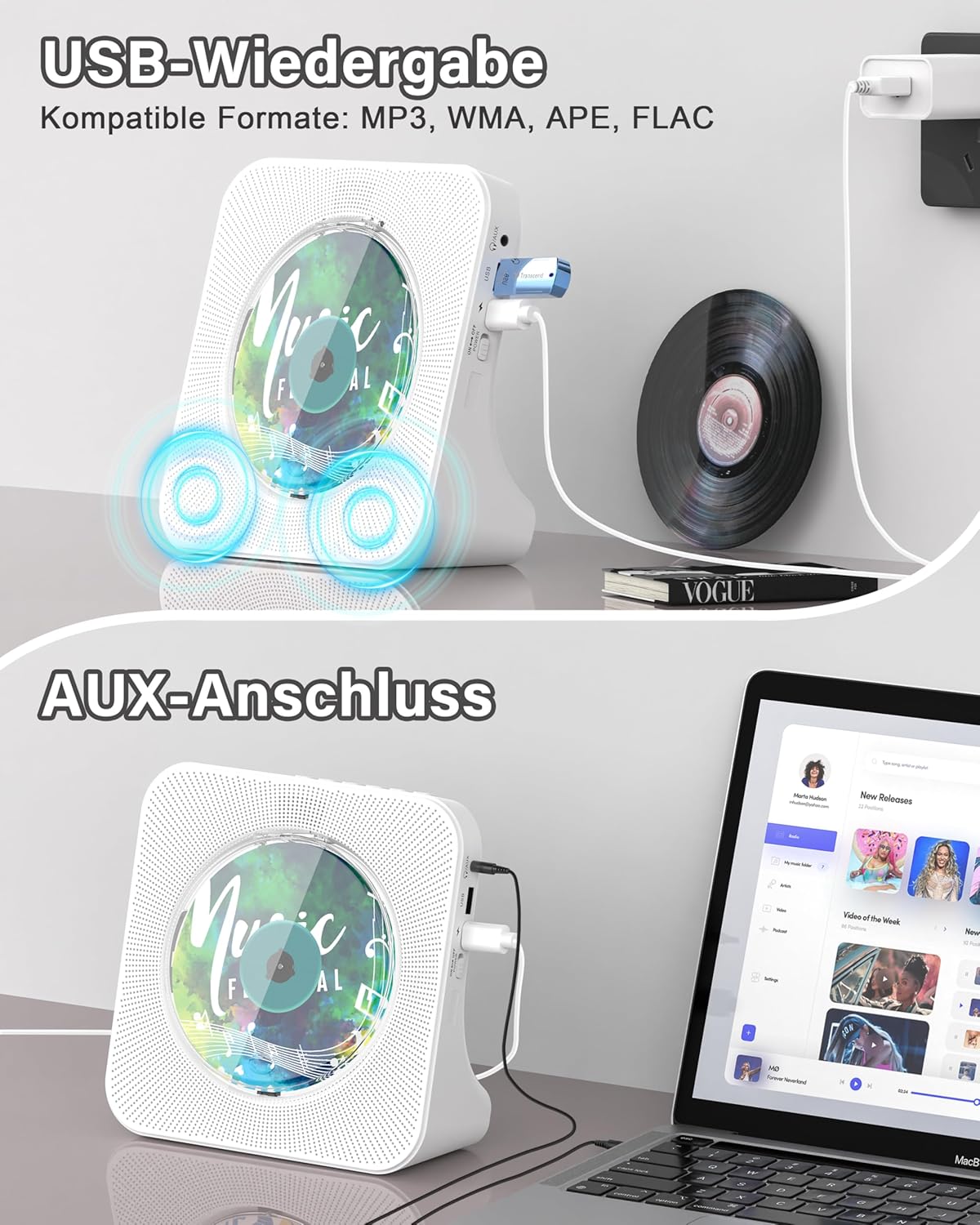 Thumbnail 4 de Greadio tragbarer CD-Player mit Bluetooth 5.0, Fernbedienung und FM-Radio (AUX/USB, Kopfhörerbuchse)