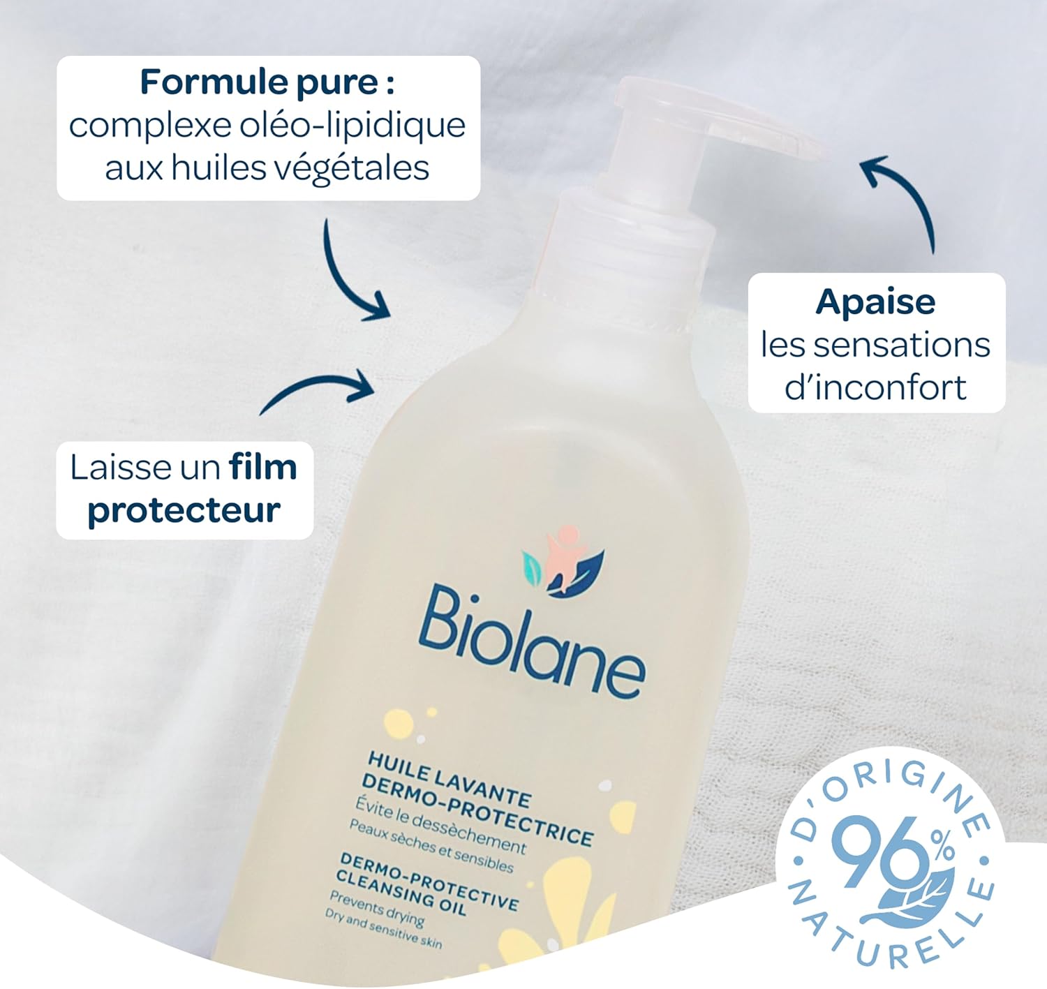 Thumbnail 3 de Biolane Huile Lavante Dermo-protectrice bain bébé sans savon (peaux sèches et sensibles) – Corps et cheveux, 500 ml