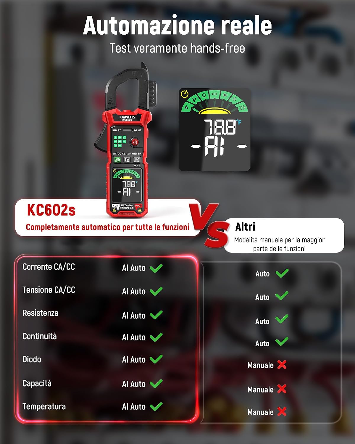 Detalle de KAIWEETS KC602S Pinza Amperometrica Digitale 600A TRMS: Misura Automatica e Multifunzionale