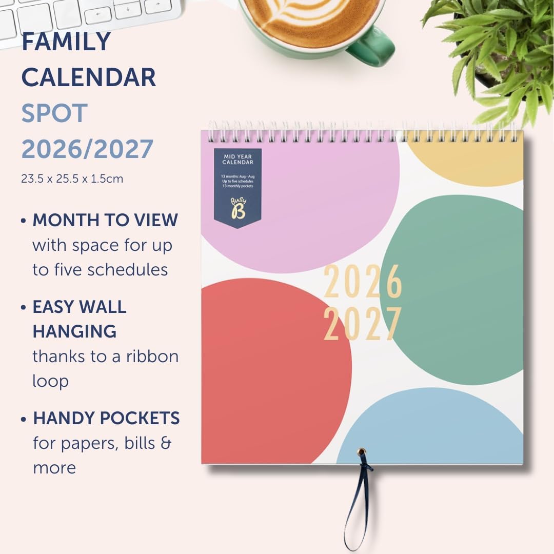 Detalle de Busy B Family Wall Calendar – Mid-Year 2026–2027 (Aug ’26–Aug ’27) with 5-Column Layout, Storage Pockets and Colour-Coded Stickers