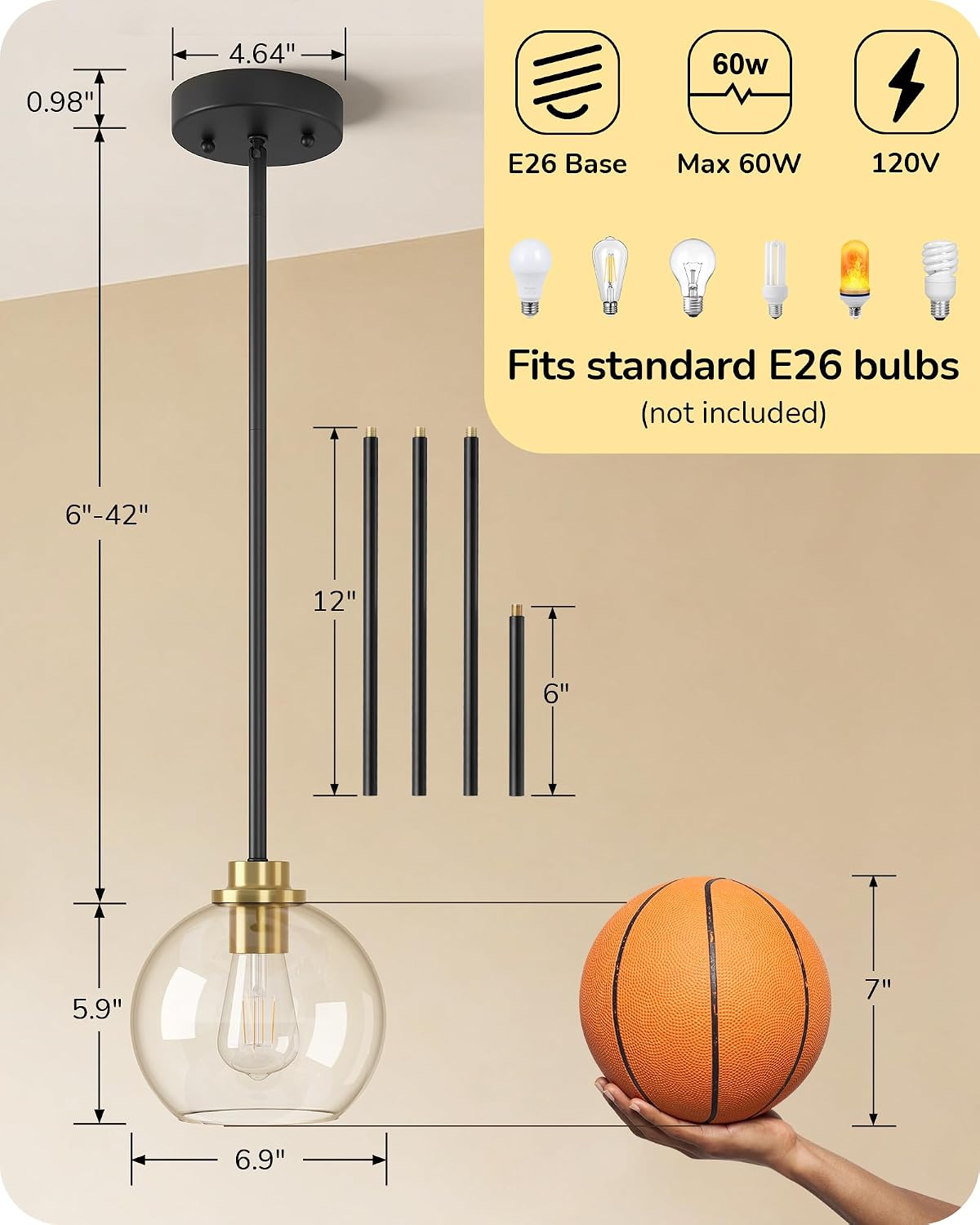 Thumbnail 6 de EDISHINE Mid-Century Pendant Lights, 2-Pack with Clear Glass Globes