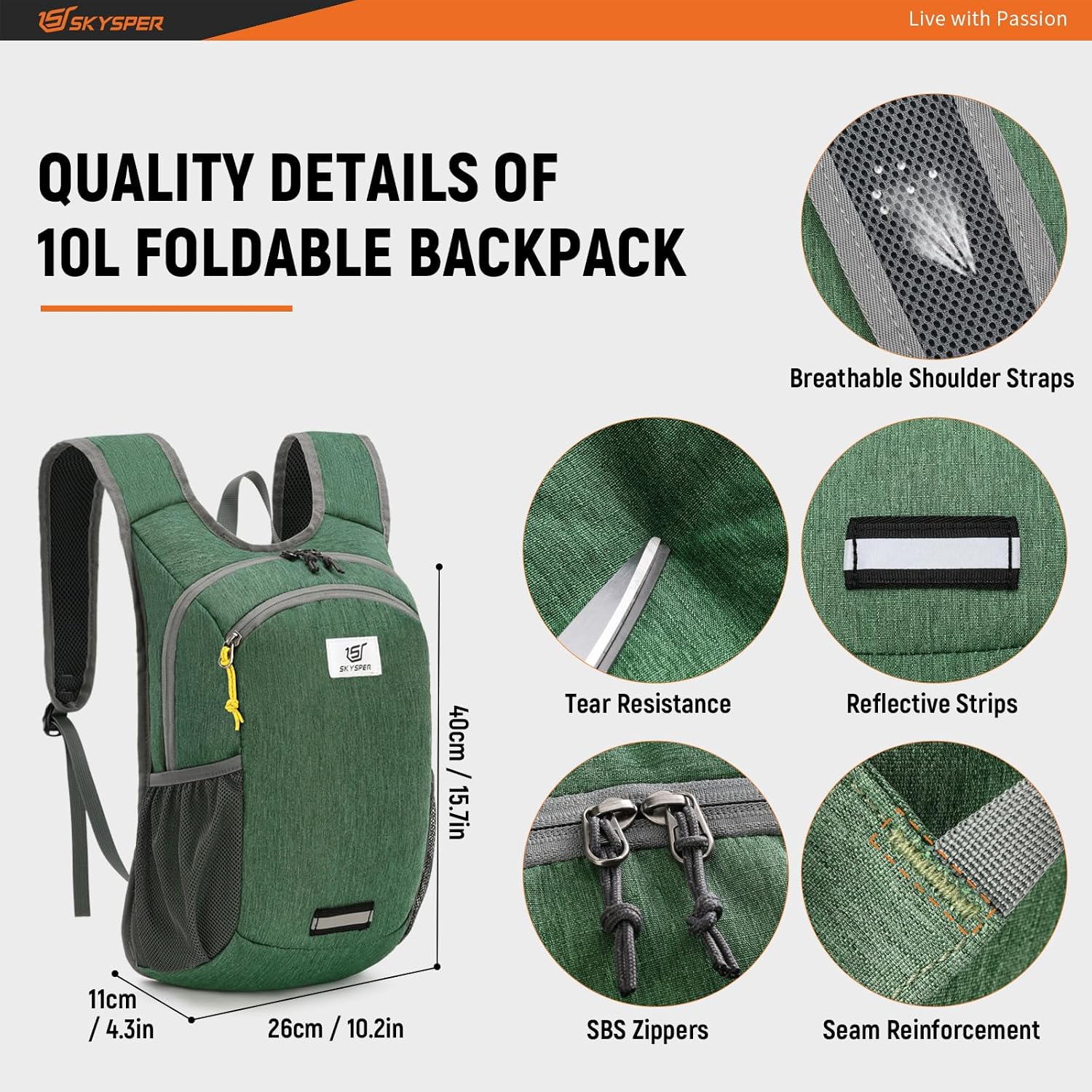 Detalle de SKYSPER 10L Hiking Backpack: Lightweight, Foldable Daypack for Everyday Adventures