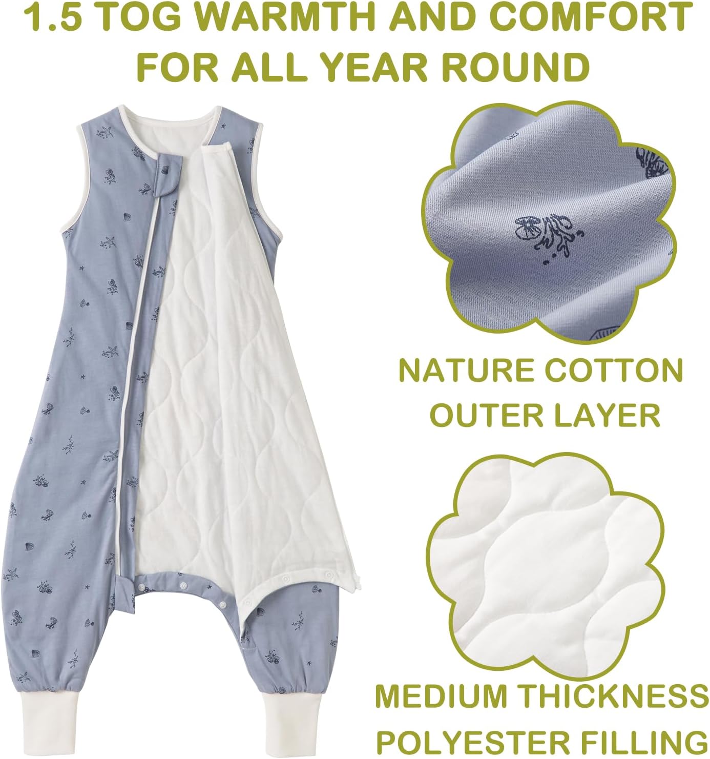 Thumbnail 1 de Nivolltha 100% Cotton Footed Baby Sleeping Bag (1.5 TOG) – All-Season Sleep Sack, Ocean, Size L