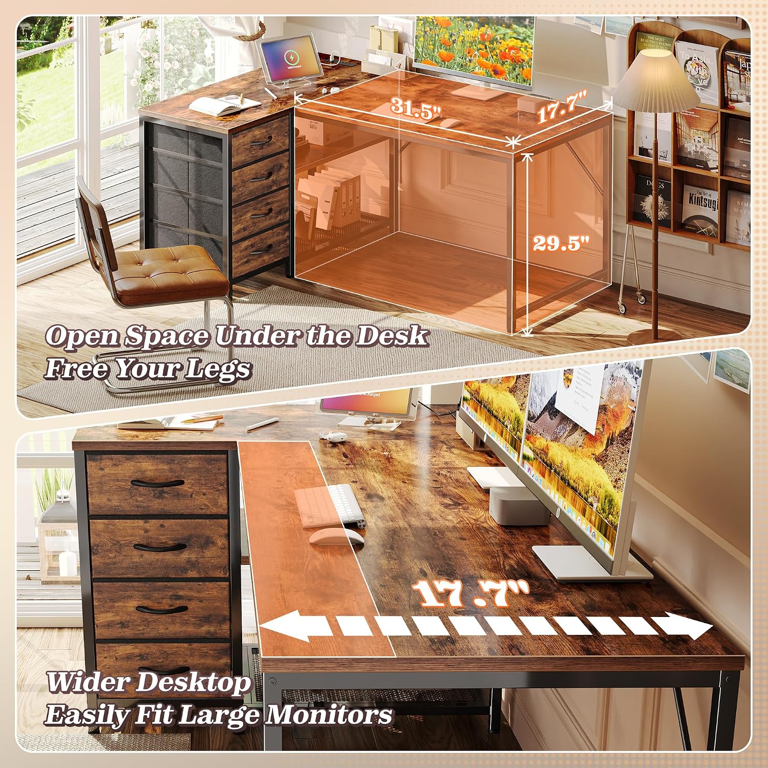 Detalle 1 de PRAISUN 43.3-Inch Reversible L-Shaped Desk with Power Outlets and 4 Drawers