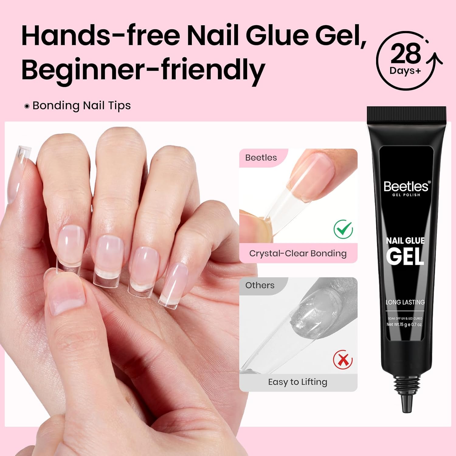 Detalle 2 de Beetles Gel Nail Kit Flat-X: 320 Tips, 15g Glue Gel, Base & Top Coats + Mini Lamp – DIY Home Extension Set