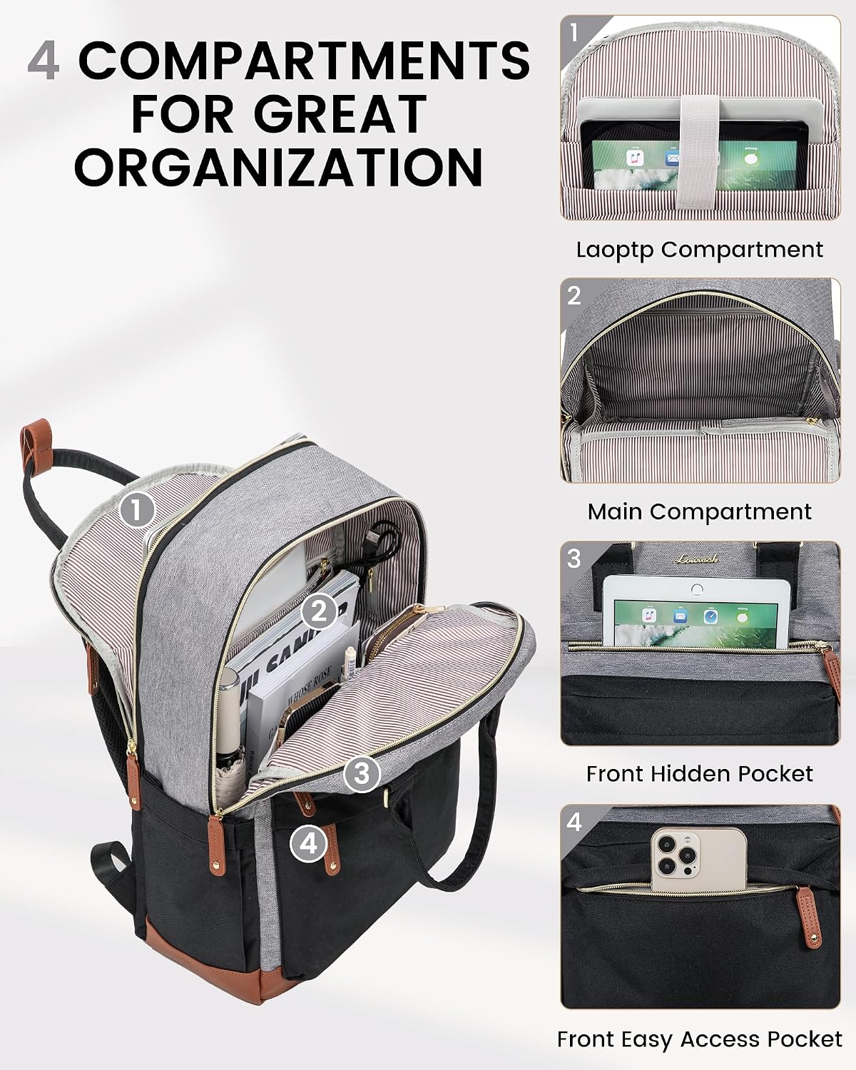Detalle de LOVEVOOK Schulrucksack für Teenager mit 15,6-Zoll-Laptopfach – wasserabweisend, USB-Ladeanschluss, 22 Liter
